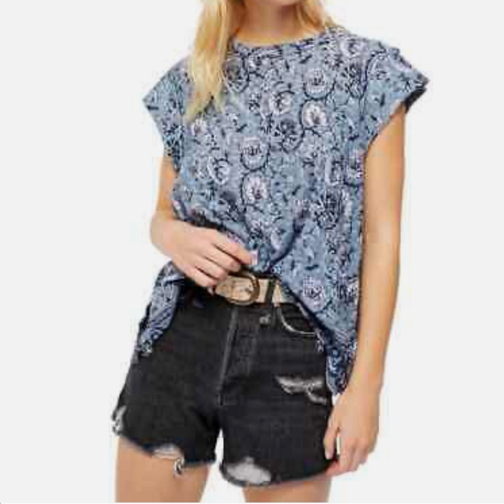 Free People XS High Tide Dual Floral Print High/Low T-Shirt Flowy Cotton FLAWS